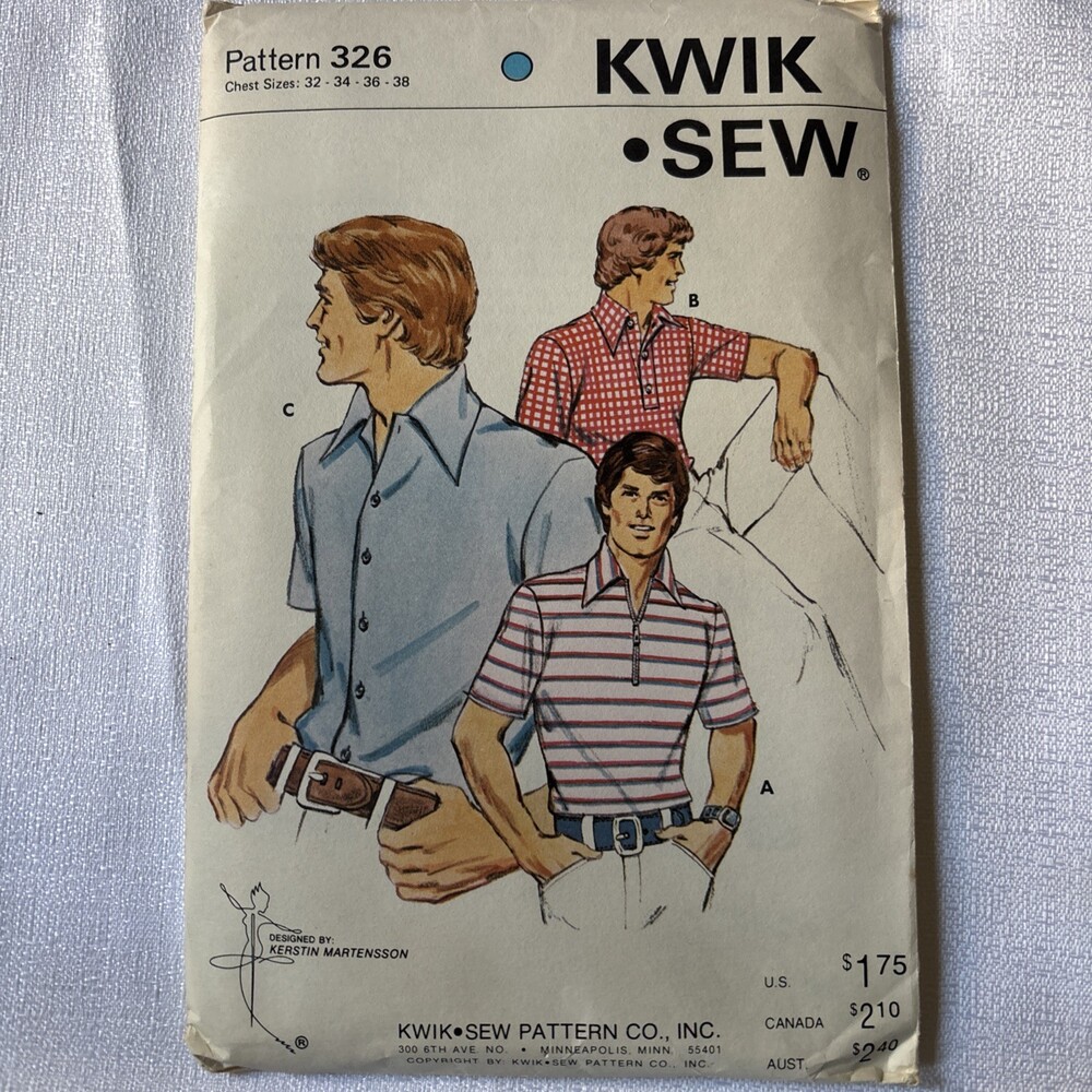 Rare UNCUT Kwik Sew 326 Men’s Sport Shirt 32 34 36 38 Sewing Pattern